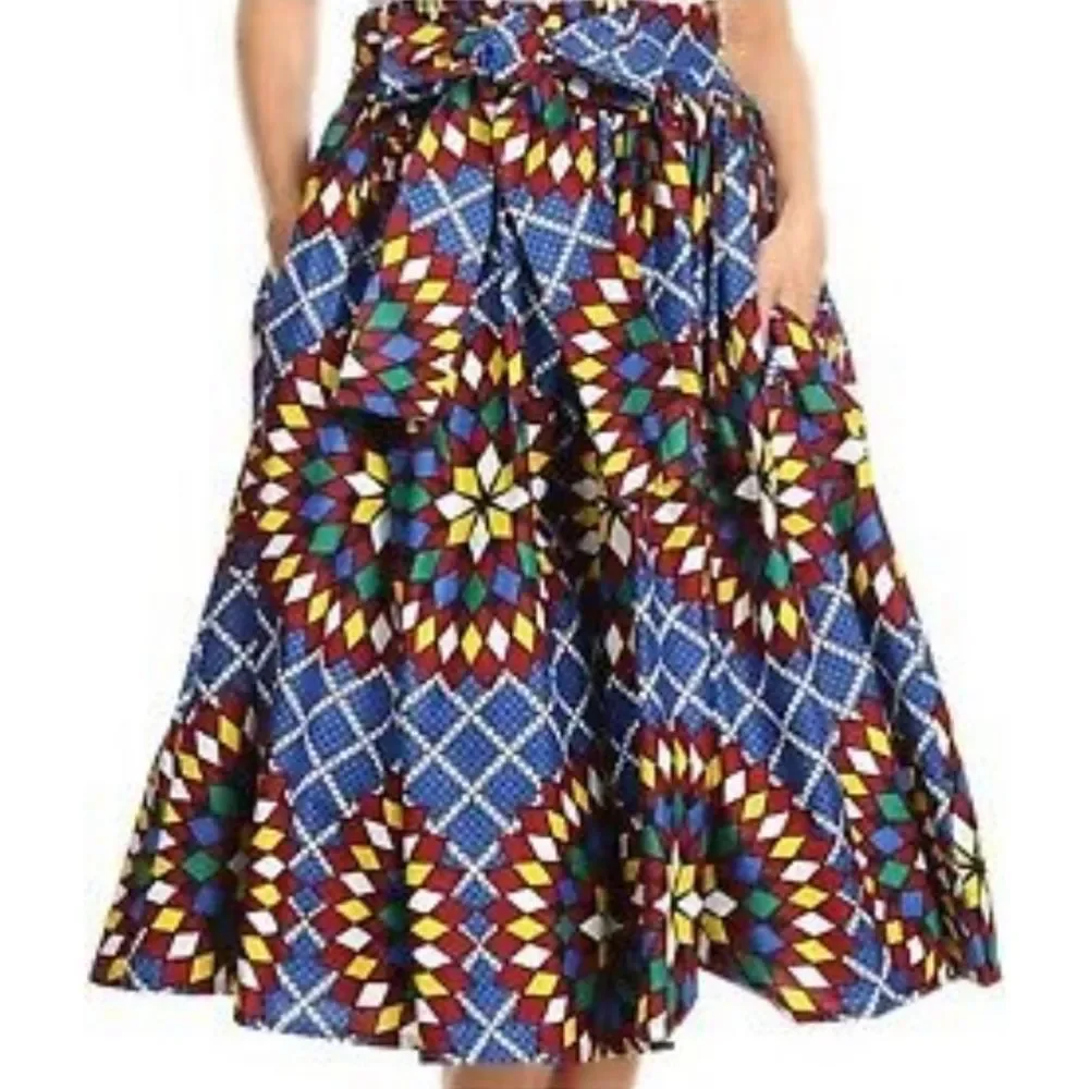 African Dashiki Printed Wax Elastic Waist Flared Skirt Tribal One Size - Picture 3 of 6